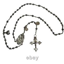 05K20 ANCIENT ROSARY 18th + SOLID SILVER BEADS RELIGIOUS PRAYERS HOLY SAINT ANNE