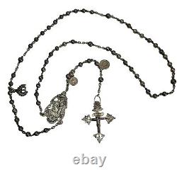 05K20 Old 18th Century Rosary + Solid Silver Beads Holy Prayers Saint Anne