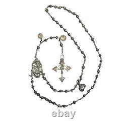 05K20 Old 18th Century Rosary + Solid Silver Beads Holy Prayers Saint Anne