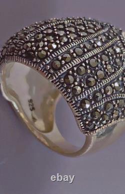 17g Large antique silver ring marcasites dome ring solid silver size 56