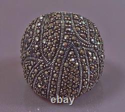 17g Large antique silver ring with marcasites, solid silver dome ring size T56