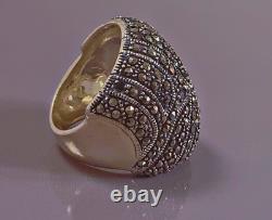 17g Large antique silver ring with marcasites, solid silver dome ring size T56