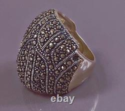 17g Large antique silver ring with marcasites, solid silver dome ring size T56