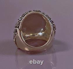 17g Large antique silver ring with marcasites, solid silver dome ring size T56