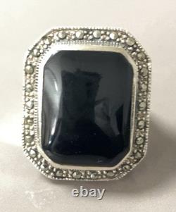 20g Vintage Silver Ring Onyx Marcasites Signet Solid Silver Ring Size T53
