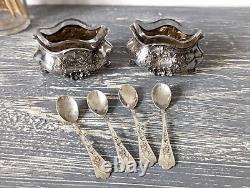 2 Ancient solid silver salerons & 4 spoons