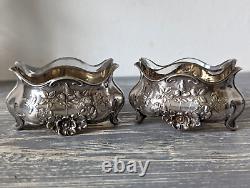 2 Ancient solid silver salerons & 4 spoons