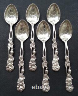 6 Pretty Antique Silver Plated Small Spoons with Rose Design and Leaf Bowl