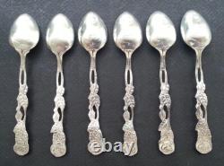 6 Pretty Antique Silver Plated Small Spoons with Rose Design and Leaf Bowl
