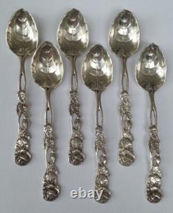 6 Pretty Antique Silver Plated Small Spoons with Rose Design and Leaf Bowl