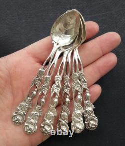 6 Pretty Antique Silver Plated Small Spoons with Rose Design and Leaf Bowl