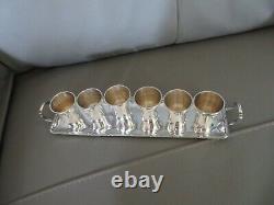 6 antique liqueur glasses and its solid silver tray, silversmith AD 230 grams.