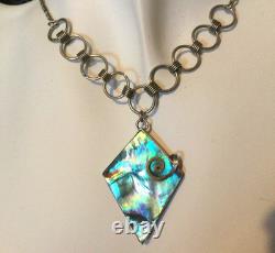 925 Sterling Silver, Vintage Necklace Pendant with Abalone Mother of Pearl, Chain Jewelry