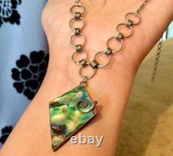 925 Sterling Silver, Vintage Necklace Pendant with Abalone Mother of Pearl, Chain Jewelry