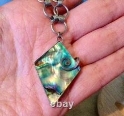 925 Sterling Silver, Vintage Necklace Pendant with Abalone Mother of Pearl, Chain Jewelry