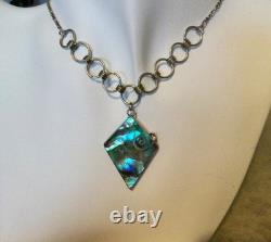 925 Sterling Silver, Vintage Necklace Pendant with Abalone Mother of Pearl, Chain Jewelry