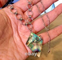 925 Sterling Silver, Vintage Necklace Pendant with Abalone Mother of Pearl, Chain Jewelry