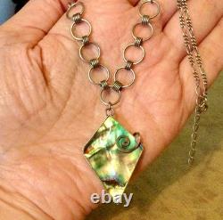 925 Sterling Silver, Vintage Necklace Pendant with Abalone Mother of Pearl, Chain Jewelry