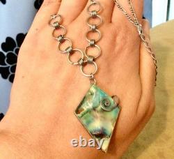 925 Sterling Silver, Vintage Necklace Pendant with Abalone Mother of Pearl, Chain Jewelry