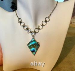 925 Sterling Silver, Vintage Necklace Pendant with Abalone Mother of Pearl, Chain Jewelry