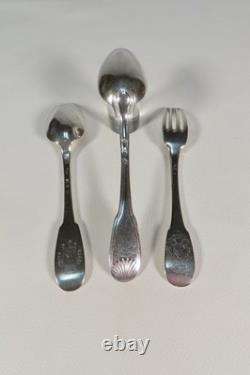 ANCIENT SET OF 2 SPOONS 1 FORK SOLID SILVER GENERAL FARMERS XVIIIth
