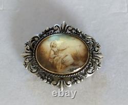 ANTIQUE BROOCH 19th CENTURY STERLING SILVER & 18K GOLD MINIATURE PAINTING RENAISSANCE STYLE
