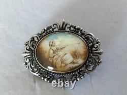 ANTIQUE BROOCH 19th CENTURY STERLING SILVER & 18K GOLD MINIATURE PAINTING RENAISSANCE STYLE