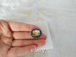 ANTIQUE BROOCH 19th CENTURY STERLING SILVER & 18K GOLD MINIATURE PAINTING RENAISSANCE STYLE