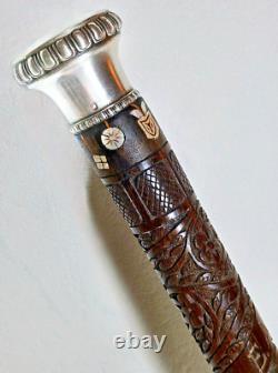 ANTIQUE CARVED WOODEN CANE WITH MOTHER OF PEARL AND SOLID SILVER HANDLE 19th CENTURY INDOCHINA