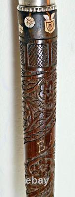 ANTIQUE CARVED WOODEN CANE WITH MOTHER OF PEARL AND SOLID SILVER HANDLE 19th CENTURY INDOCHINA