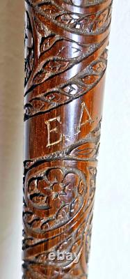 ANTIQUE CARVED WOODEN CANE WITH MOTHER OF PEARL AND SOLID SILVER HANDLE 19th CENTURY INDOCHINA