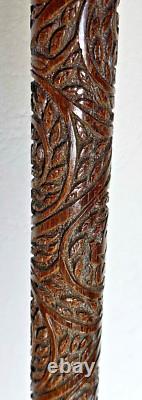 ANTIQUE CARVED WOODEN CANE WITH MOTHER OF PEARL AND SOLID SILVER HANDLE 19th CENTURY INDOCHINA