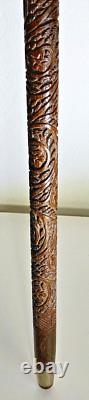 ANTIQUE CARVED WOODEN CANE WITH MOTHER OF PEARL AND SOLID SILVER HANDLE 19th CENTURY INDOCHINA