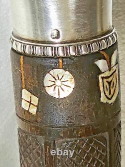 ANTIQUE CARVED WOODEN CANE WITH MOTHER OF PEARL AND SOLID SILVER HANDLE 19th CENTURY INDOCHINA