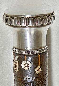 ANTIQUE CARVED WOODEN CANE WITH MOTHER OF PEARL AND SOLID SILVER HANDLE 19th CENTURY INDOCHINA