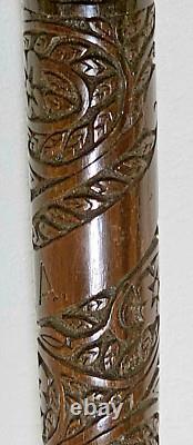ANTIQUE CARVED WOODEN CANE WITH MOTHER OF PEARL AND SOLID SILVER HANDLE 19th CENTURY INDOCHINA