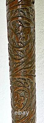 ANTIQUE CARVED WOODEN CANE WITH MOTHER OF PEARL AND SOLID SILVER HANDLE 19th CENTURY INDOCHINA