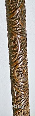 ANTIQUE CARVED WOODEN CANE WITH MOTHER OF PEARL AND SOLID SILVER HANDLE 19th CENTURY INDOCHINA