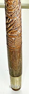 ANTIQUE CARVED WOODEN CANE WITH MOTHER OF PEARL AND SOLID SILVER HANDLE 19th CENTURY INDOCHINA