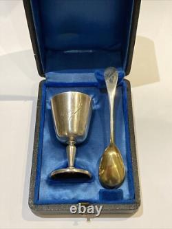 ANTIQUE EGG CUP SET WITH SOLID SILVER SPOON IN CASE by Jules Ladoucette