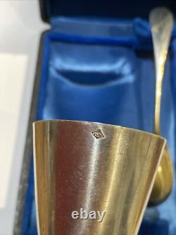 ANTIQUE EGG CUP SET WITH SOLID SILVER SPOON IN CASE by Jules Ladoucette