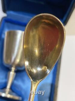 ANTIQUE EGG CUP SET WITH SOLID SILVER SPOON IN CASE by Jules Ladoucette