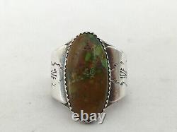 ANTIQUE NAVAJO SOLID SILVER GREEN TURQUOISE RING SIGNED Native Sterling