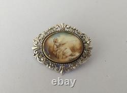 ANTIQUE PENDANT 19th CENTURY SOLID SILVER MINIATURE PAINTED UNDER GLASS LILY FLOWER