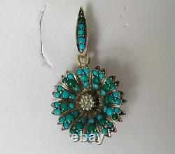 ANTIQUE SOLID SILVER PENDANT WITH TURQUOISES AND FINE PEARLS 19th CENTURY flower