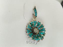 ANTIQUE SOLID SILVER PENDANT WITH TURQUOISES AND FINE PEARLS 19th CENTURY flower
