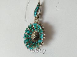 ANTIQUE SOLID SILVER PENDANT WITH TURQUOISES AND FINE PEARLS 19th CENTURY flower