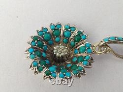 ANTIQUE SOLID SILVER PENDANT WITH TURQUOISES AND FINE PEARLS 19th CENTURY flower
