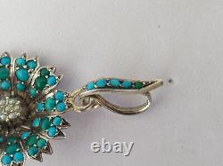 ANTIQUE SOLID SILVER PENDANT WITH TURQUOISES AND FINE PEARLS 19th CENTURY flower