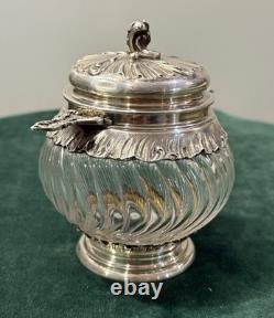 ANTIQUE SUGAR BOWL OR CANDY DISH IN STERLING SILVER AND CRYSTAL BY SILVERSMITH VEYRAT MINERVE 19th CENTURY